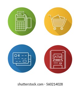 Supermarket flat linear long shadow icons set. Credit cards, pos terminal, bank atm machine, supermarket shopping cart with boxes. Vector line illustration