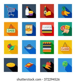 Supermarket flat shadow icons in isolated colorful squares with food products paper bag open and close signs vector illustration 