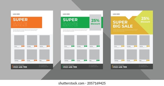 Supermarket Flyer Design Template. Grocery Shop Promotional Poster Leaflet Template. Bundle, 3 In 1, A4 Template, Brochure Design, Cover, Flyer, Poster, Print-ready