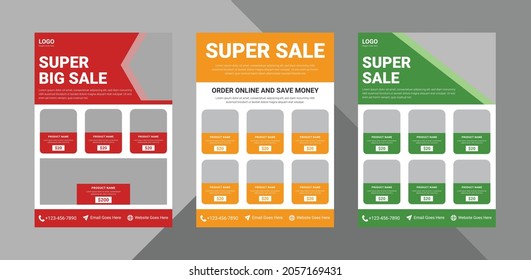 Supermarket Flyer Design Template. Grocery Shop Promotional Poster Leaflet Template. Bundle, 3 In 1, A4 Template, Brochure Design, Cover, Flyer, Poster, Print-ready