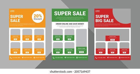 supermarket flyer design template. grocery shop promotional poster leaflet template. bundle, 3 in 1, a4 template, brochure design, cover, flyer, poster, print-ready