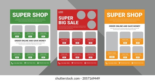 supermarket flyer design template. grocery shop promotional poster leaflet template. bundle, 3 in 1, a4 template, brochure design, cover, flyer, poster, print-ready