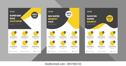 Supermarket Flyer Design Template. Grocery Shop Promotional Poster Leaflet Template. Bundle, 3 In 1, A4 Template, Brochure Design, Cover, Flyer, Poster, Print-ready