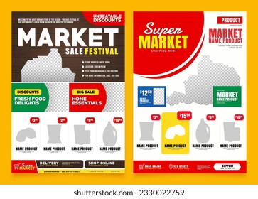 Plantilla de volante del supermercado. Ver diseño de afiches. Anuncios de compra. Promoción de volantes. Tamaño de la ilustración A4