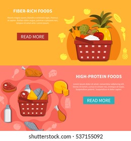 Supermarket food 2 horizontal banners with read more button basket high protein fiber rich foods orange pink background flat vector illustration