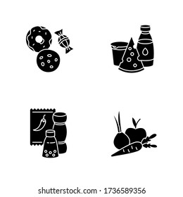Supermarket food black glyph icons set on white space. Candy and cookies. Peper in pack. Sweet pastry. Dairy products. Fresh vegetables and fruits. Silhouette symbols. Vector isolated illustration