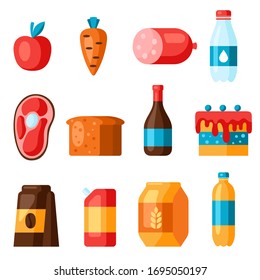 Supermarket food departments icons. Grocery illustration in flat style.