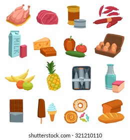 Supermarket food and drinks set with ham milk chicken isolated vector illustration