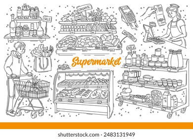 Supermarkt mit Lebensmitteln und Frischgemüse oder Backwaren in der Nähe von Käufer mit Warenkorb und Verkäufer. Lebensmittelregale oder Supermarkt-Vitrinen mit Produktsortimenten. Handgezeichnetes Doodle