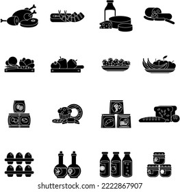 Supermarket with food items black and white flat vector collection set