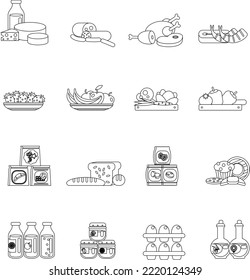 Supermarket with food items outline flat vector collection set