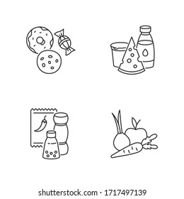 Supermarket food pixel perfect linear icons set. Candy and cookies. Peper in pack. Dairy products. Customizable thin line contour symbols. Isolated vector outline illustrations. Editable stroke