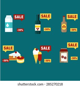 Supermarket food products with price labels icons set isolated vector illustration