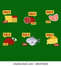 Supermarket food products with price labels icons set isolated vector illustration