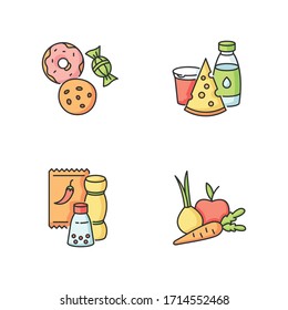 Supermarket food RGB color icons set. Candy and cookies. Peper in pack. Sweet pastry. Dairy products. Cheese, milk. Condiments for cooking. Fresh vegetables and fruits. Isolated vector illustrations