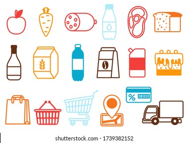 Supermarket food, selfservice and delivery icons. Grocery illustration in flat style.