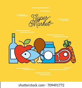 supermarket food set with meat steak bottle chicken fruit vegetable milk products
