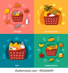 Supermarket food square composition with basket symbols meal icons proteins high fiber fats carbohydrates vector illustration