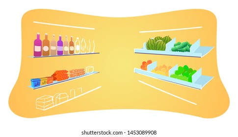 Supermarket, food store flat vector illustration. Nutrition products, foodstuffs on shelves. Grocery shop assortiment. Fresh fruits and vegetables, alcohol drinks and meat. Commerce, retail service