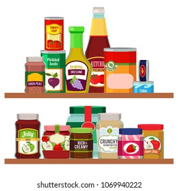 Supermarket Foods. Grocery Items On Shelves