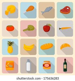 Supermarket foods icons set of fresh and natural vegetables fruits meat and fish isolated vector illustration