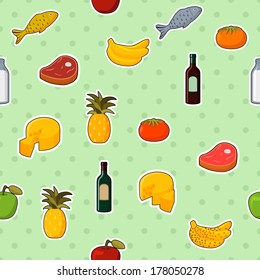 Supermarket foods seamless pattern of fresh and natural vegetables fruits meat and cheese vector illustration