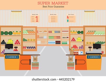 Supermarket with fresh food on shelves and counter cashier, Flat vector illustration.