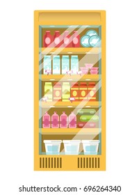 Supermarket fridge with diary products and glass door