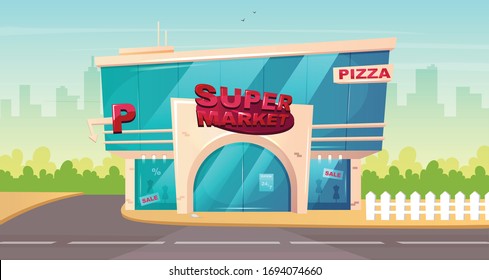 Supermarket front flat color vector illustration. Mall glass building entrance. Hypermarket storefront with parking area. Shop frontage. Urban 2D cartoon cityscape with no people on background