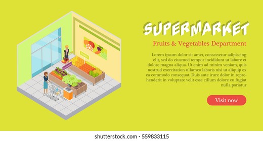 Supermarket fruits & vegetables department isometric projection banner. Buyers choosing goods in grocery store trading hall vector illustration. Daily products shopping concept for mall landing page