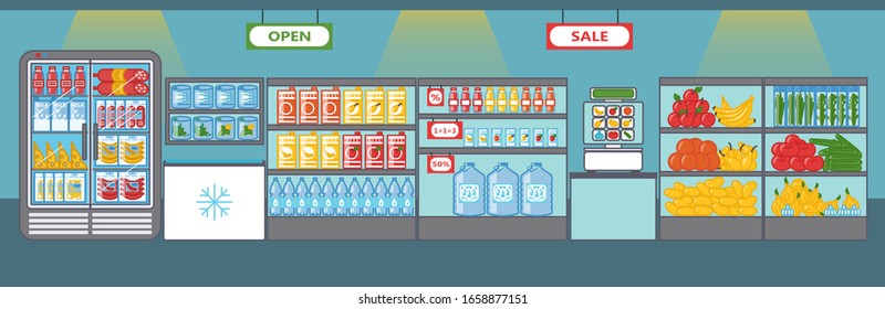 Supermarket: fruits, vegetables, drinks, sausages and other products. Scale for weighting. Shelves and fridges with food stuff. Vector illustration in cartoon style