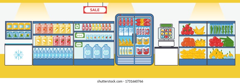 Supermarket with fruits, vegetables, drinks, sausages and other products. Shelves and fridges with food stuff. Vector illustration in cartoon style