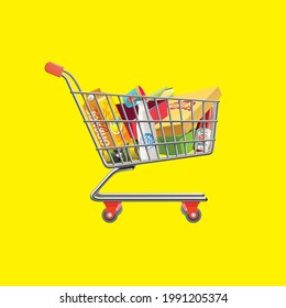 supermarket full shopping trolley cart with fresh grocery products and red handle realistic vector illustration