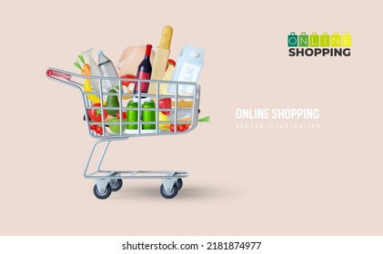 Supermarket full shopping trolley cart with fresh grocery products and red handle realistic 3D vector illustration. Self-service.Online shopping banner with shopping cart, clouds and social icons.