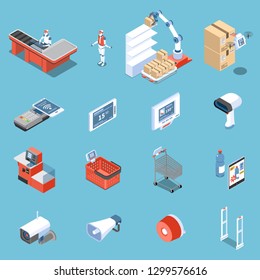 Supermarket of future isometric icons set of scanner for buyers robot unloader anti theft doors electronic price tag isolated vector illustration