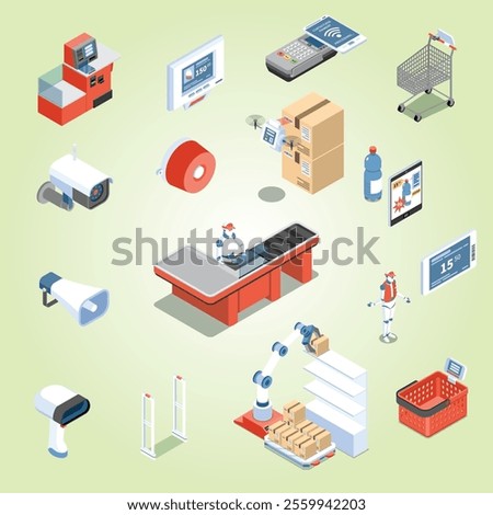 Supermarket of future isometric icons set of scanner for buyers robot unloader anti theft doors electronic price tag isolated