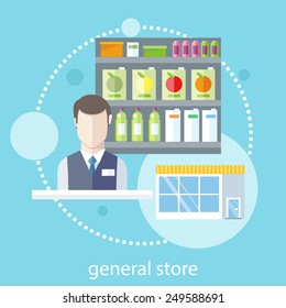 Supermarket general store. Shelfs with food and potables near seller in flat design style