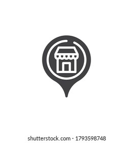 Supermarket geo location vector icon. filled flat sign for mobile concept and web design. Map marker with shop glyph icon. Symbol, logo illustration. Vector graphics