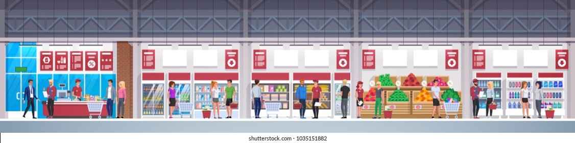 Supermarket with goods. Mall Interior. Big shopping center. Store Interior inside. Scene inside shopping mall. Vector Illustration 