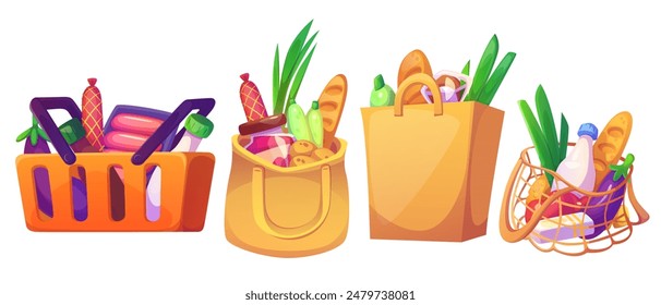 Supermarkt Lebensmitteltasche und Lebensmittel Warenkorb Cartoon. Marktkorb mit Gemüse und Brot zum Kauf für Picknick isoliert Icon Design. Shopping-Öko-Tote-Element mit frischem, gesundem Zutatenkonzept