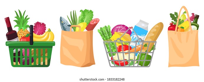 Bolsas de supermercado. Cestas y bolsas de compras, plástico, paquetes de compra de papel, bolsas de compras con alimentos orgánicos e ilustraciones vectoriales. Compra de alimentos en el mercado, frutas y verduras