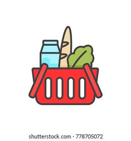 Supermarket, grocery basket filled with products flat line colored icon.