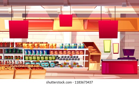 Supermarket And Grocery Food Products On Shelves Vector Illustration. No People On Cartoon Background With Store Display Signs For Fruits, Vegetable And Shop Checkout Counter