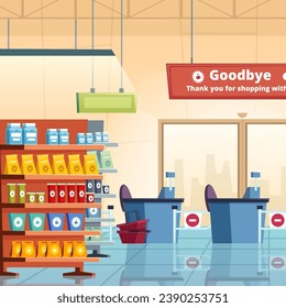 Supermarket. Grocery food shelves in supermarket interior. Vector cartoon indoor background