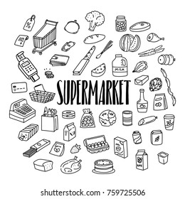 Supermarket, grocery products hand drawn doodle icons set with cashier, money, coins, pos terminal, shopping cart, meat, chicken, eggs, milk, vegetables, fruits, bakery.