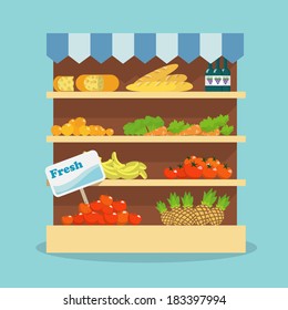 Supermarket grocery shelf layout with fresh fruits, vegetables, bread and wine flat vector illustration