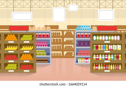 Supermarket Grocery Shelf Store Retail Shop Mall Interior Flat Illustration