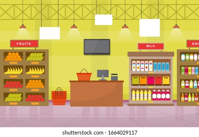 Supermarket Grocery Shelf Store Retail Shop Mall Interior Flat Illustration