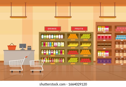 Supermarket Grocery Shelf Store Retail Shop Mall Interior Flat Illustration