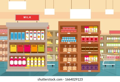 Supermarket Grocery Shelf Store Retail Shop Mall Interior Flat Illustration